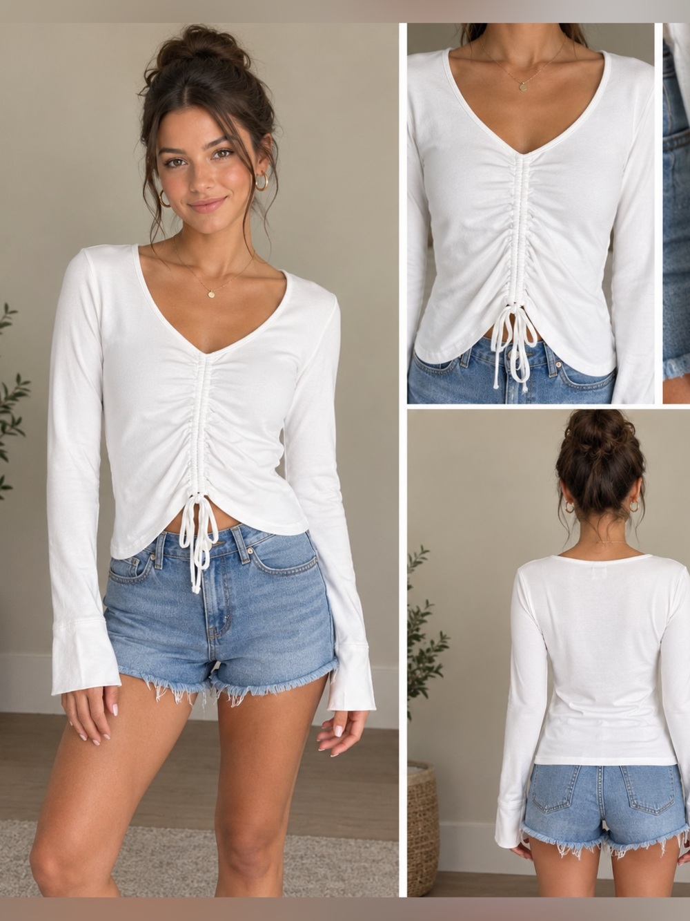GAP White Ruched Drawstring V-Neck Long Sleeve Top